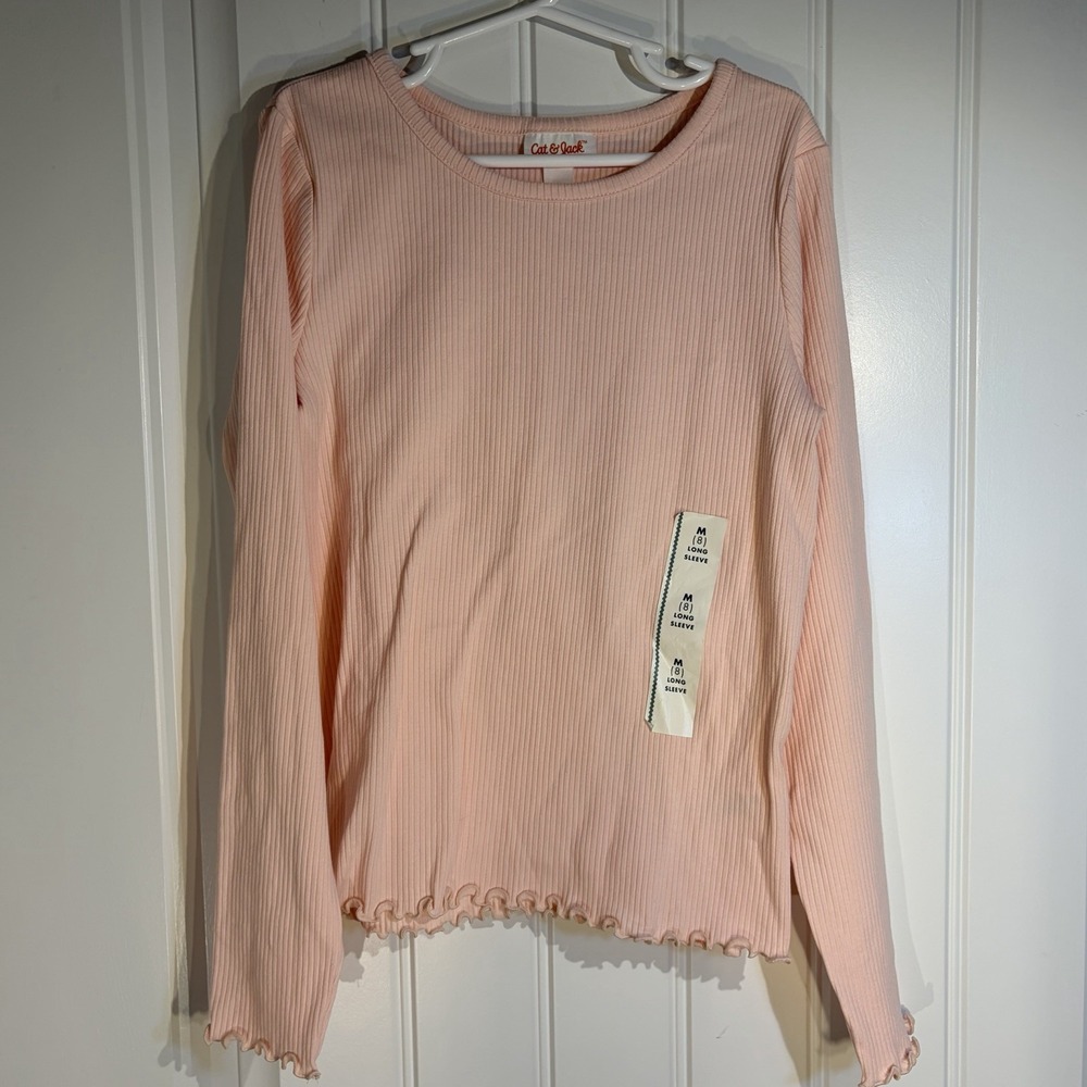 Cat & Jack Light Pink Ribbed Lettuce Hem Long Sleeve Top Girls Medium 8
